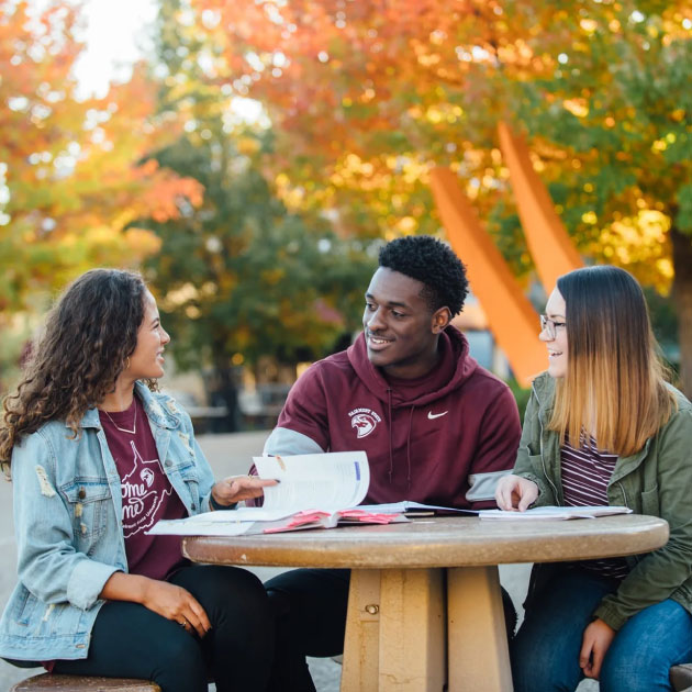 Three students sit at an outdoor table with study materials